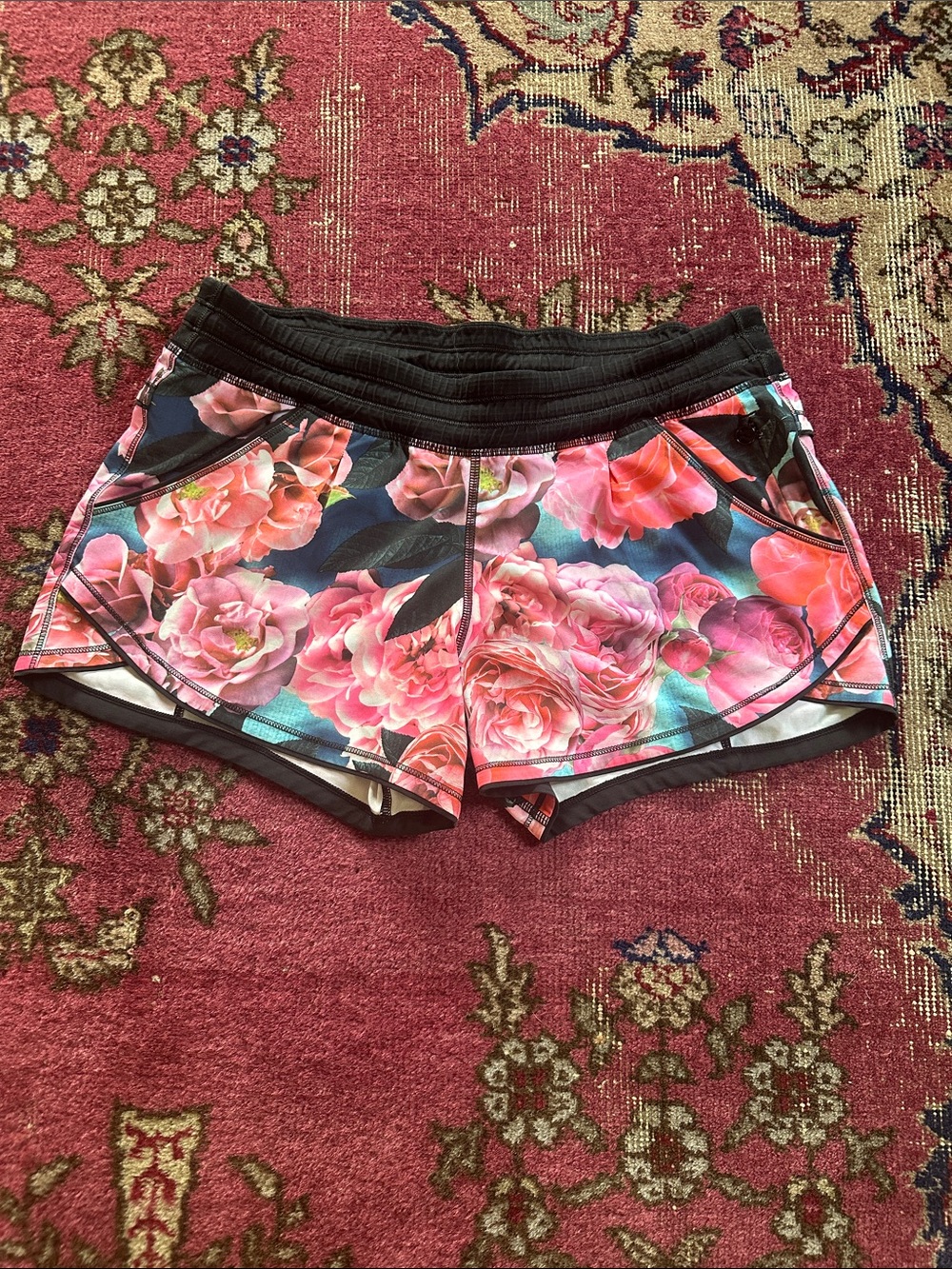 Lululemon Pink Floral Athletic Shorts with Black Waistband